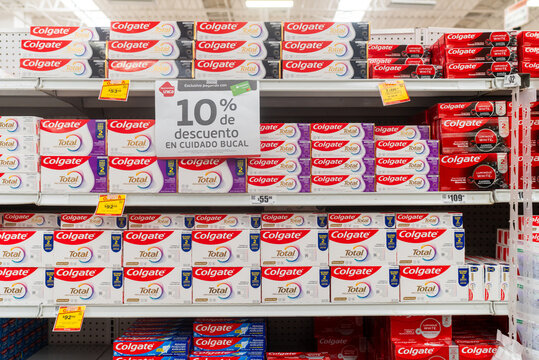 Villa de Alvarez, Colima, Mexico. March 6, 2026: Close Up Supermarket Shelf Displaying Various Colgate Toothpaste Boxes