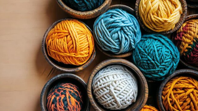 selective focus assortment of bright yarn threads ready for crafting