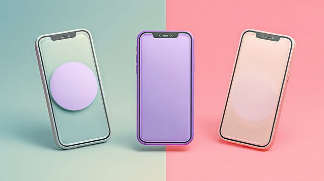 Three Colorful Smartphones with Pop Sockets on Gradient Background Studio Shot
