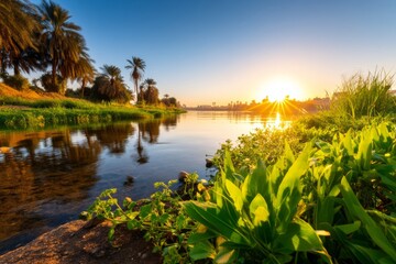 Fototapeta premium Serene Sunset Over Nile River with Reflection of Papyrus Reeds and Lush Greenery