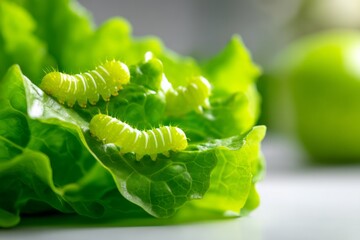 Naklejka premium Sustainable Farming Concept Featuring Caterpillars on Fresh Green Lettuce Leaves