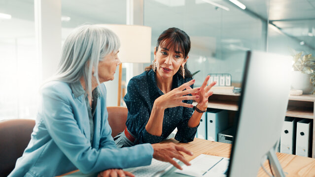 Feedback, planning or people with computer in office, investment opportunity or teamwork for proposal. Reading, risk assessment or mature women with report of shares profit forecast, pc or talking