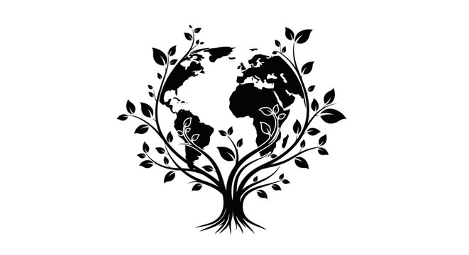 Earth globe shaped by a growing tree with leaves.