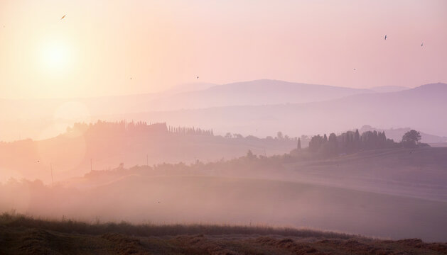 Slow Travel Europe Tuscan Landscape Sunrise Hills in Pastel European Countryside