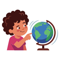 A young boy excitedly points at a spinning globe in a classroom setting.