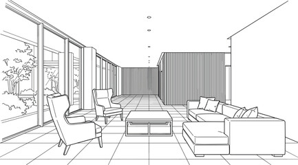 Fototapeta premium Architectural sketch of a luxury open-plan lounge featuring a large sectional sofa, wingback chairs, and floor-to-ceiling windows with a garden view.