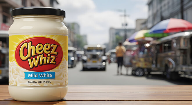 A jar of mild white cheese spread sitting on a wooden table with a blurred street background
