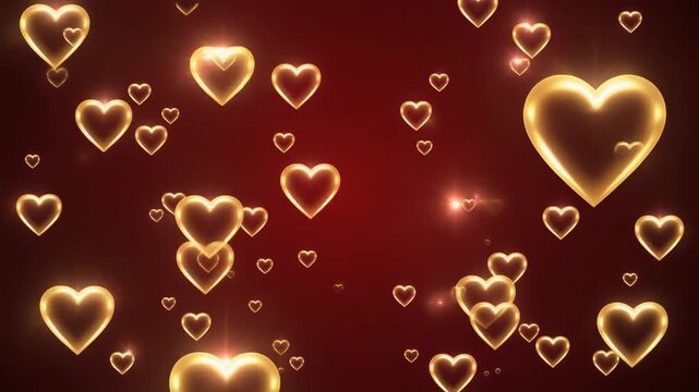Glowing hearts floating on dark red background