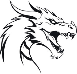 Fototapeta premium Black and white of a dragon head with open mouth and sharp teeth monster mythical