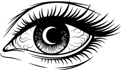 Black and white of a human eye with long eyelashes and a crescent shape in the pupil © GR Graphics