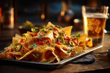 Loaded nachos with melted cheese and a cold beer on a wooden table