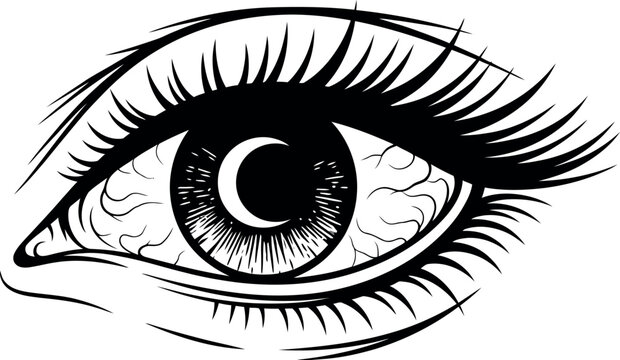 Black and white of a human eye with long eyelashes and a crescent shape in the pupil