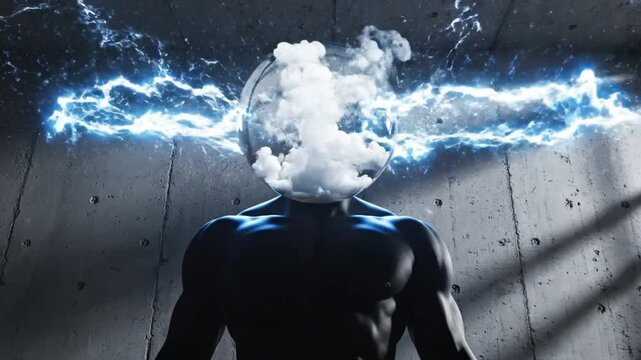 Mans Head Exploding with Electric Energy and Smoke in a Concrete Room.