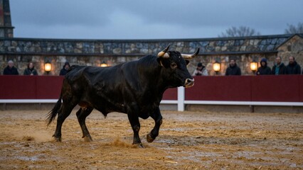 A black bull charges across a muddy arena, kicking up sand as spectators watch from the stands under overcast skies.