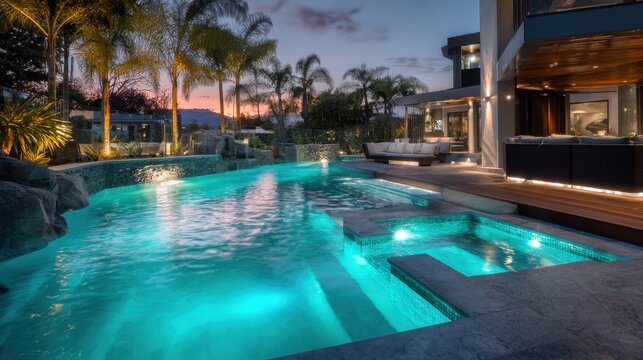 Luxurious in-ground pool in a modern backyard at twilight with spa, ambient lighting and stone deck