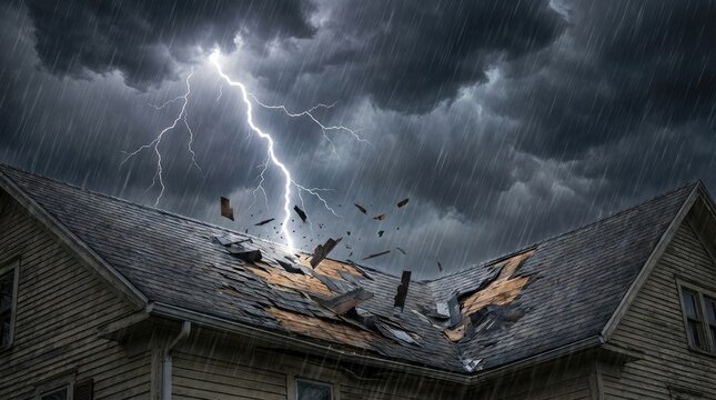 Damaged roof shingles during lightning storm concept. Severe storm causes significant damage to a house rooftop.