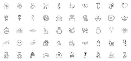 Fototapeta premium “Mother’s Day Outline Icon Set – Mom, Baby, Love, Gift, Flower Line Icons Collection”