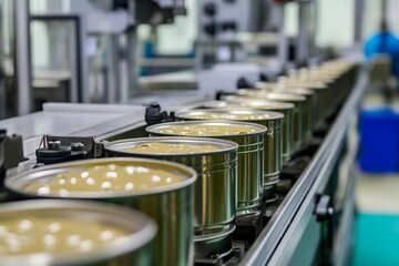 Wet pet food is being portioned into aluminum cans on an industrial food production line in a processing facility