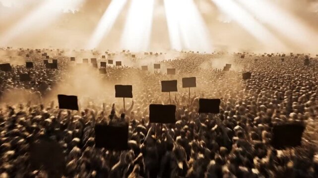 Massive crowd of people with flags under bright light rays, a powerful and inspiring scene.