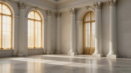 Naklejka premium Sunlit hall with white marble columns and arched windows, showcasing classical architecture.