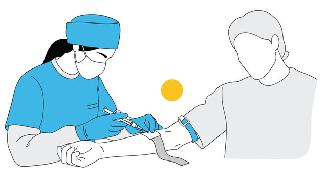 Professional medical nurse in blue scrubs and mask performing a blood sample collection from a patient arm with a syringe in a clinic.