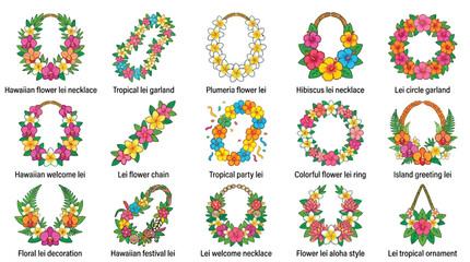 Collection of various Hawaiian and tropical flower leis and garlands, including necklaces, chains, and decorative ornaments, showcasing vibrant floral designs. © GJ
