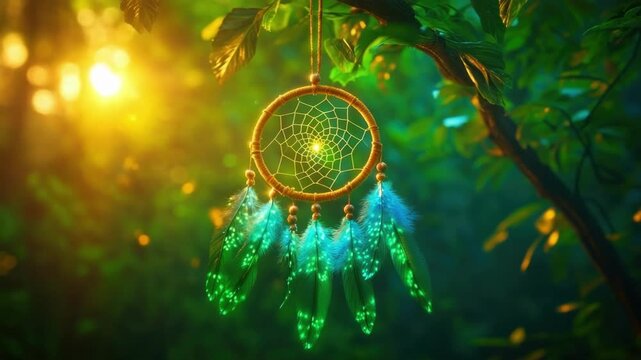 Dreamcatcher hanging in a lush green forest for relaxing calm atmosphere, promoting serenity, peace, wellbeing and good dreams through tranquil nature.