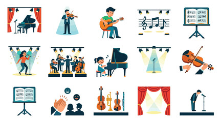 A vibrant collection of illustrations depicting various musical performances, instruments, and concert scenes, showcasing the joy and diversity of music. © GJ
