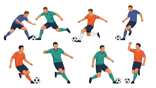 Professional male soccer players in various dynamic action poses dribbling kicking and running with a football on white background.