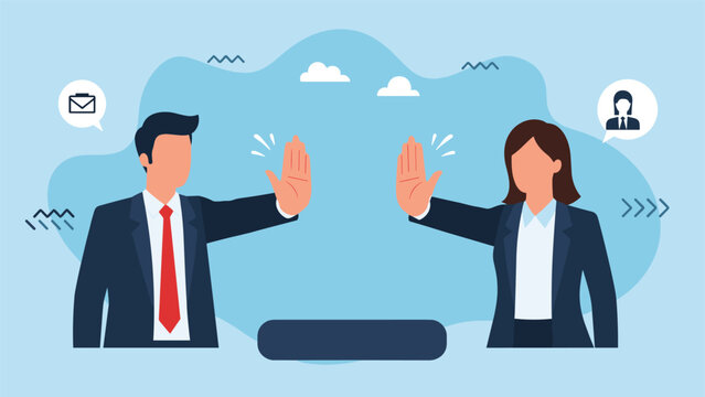 Business professionals wearing suits making a stop hand gesture as a concept of refusal boundary or prohibition in a workplace.