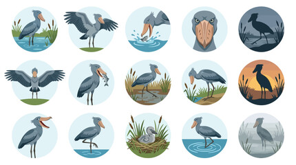 Fototapeta premium Collection of illustrations depicting the Shoebill bird in various poses and natural habitats, showcasing its unique features and behaviors.
