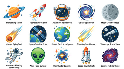 A vibrant collection of space-themed illustrations featuring planets, rockets, astronauts, galaxies, and celestial phenomena. © GJ