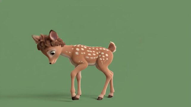 Adorable Cartoon Baby Deer with Small Antlers Standing on Green Screen, Cute Forest Animal Character.