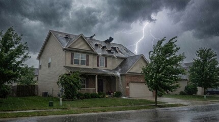 Damaged roof shingles during lightning storm concept. Stormy weather above a suburban house with lightning striking.