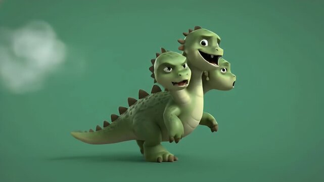 Three-Headed Cartoon Dragon or Hydra Character with Varying Expressions on Green Screen, Fantasy Beast.