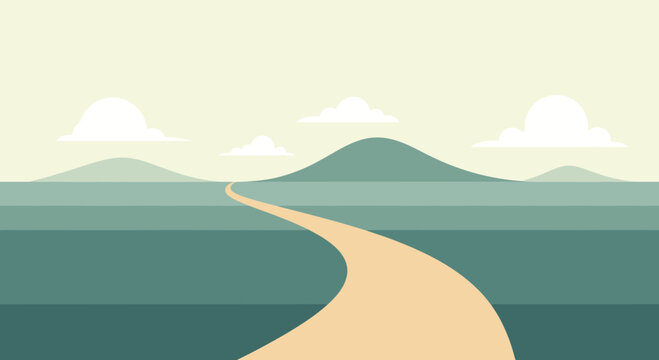 Winding dirt path through a serene, stylized landscape with rolling hills and soft clouds