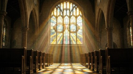 Obraz premium Church window bathed in sunlight casting light beams like goggles reflection concept. Sunlight streaming through colorful stained glass in a church.