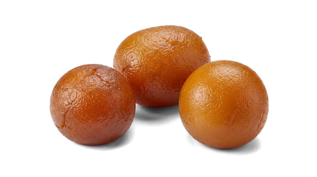 three sweet gulab jamun in a bowl, a popular indian dessert made of milk solids and semolina dough, fried and soaked in sugar syrup, presented on a transparent background.