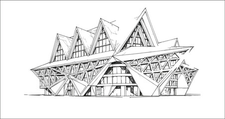 Obraz premium Expressive architectural perspective of a contemporary jagged-roof landmark building featuring a complex space-frame structural grid and asymmetrical peaks.