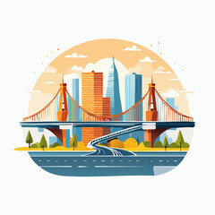 Fototapeta premium Vibrant urban panorama featuring a majestic suspension bridge connecting a bustling modern city skyline under a warm, artistic sky