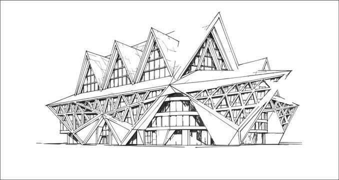 Expressive architectural perspective of a contemporary jagged-roof landmark building featuring a complex space-frame structural grid and asymmetrical peaks.