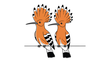 Two Upupa Epops in Perch: A charming illustration depicts two Upupa epops perched on a slender branch. This artistic rendering captures the bird's distinctive plumage and crest © hafs121