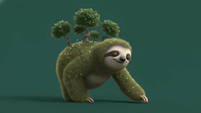 Charming animated sloth character covered in moss and small trees, walking slowly on green screen, symbolizing nature and tranquility.