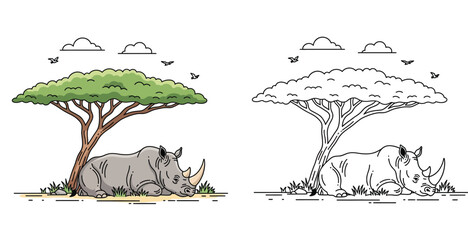 Rhino Resting Under Acacia Tree on African Savanna Vector Illustration. Dual Set with Color and Black Outline Coloring Page Style. © SHOHAG