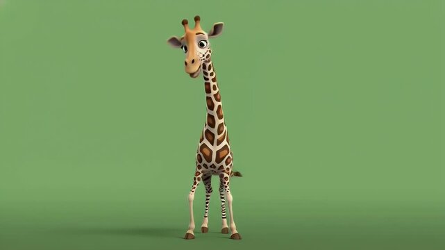 Tall and elegant animated giraffe character with long neck and spotted pattern, standing on green screen.