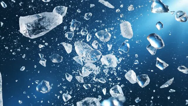 Ice cubes shattering and exploding into smaller pieces on blue background