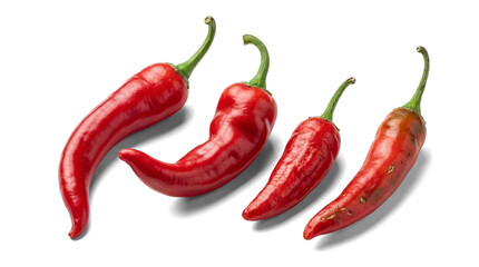 four vibrant red chili peppers with transparent backgrounds, showcasing their natural textures and bright colors, ideal for graphic design and digital content creation.