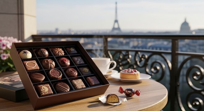 Chocolates and Coffee on Parisian Balcony.