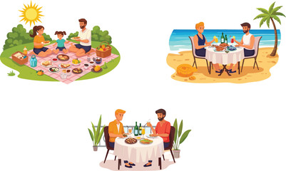 Fototapeta premium Outdoor Dining and Romantic Meals – Vector Illustration of Picnic, Beach Dinner, and Intimate Restaurant Dining