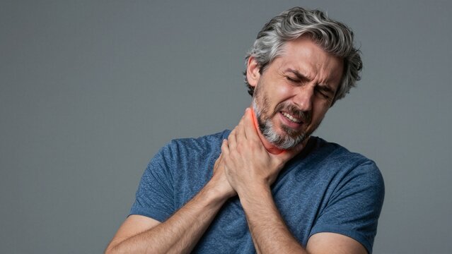 An older man with gray hair grimaces in discomfort, holding his neck where a red glow indicates pain. He appears to be suffering from muscle strain or injury.